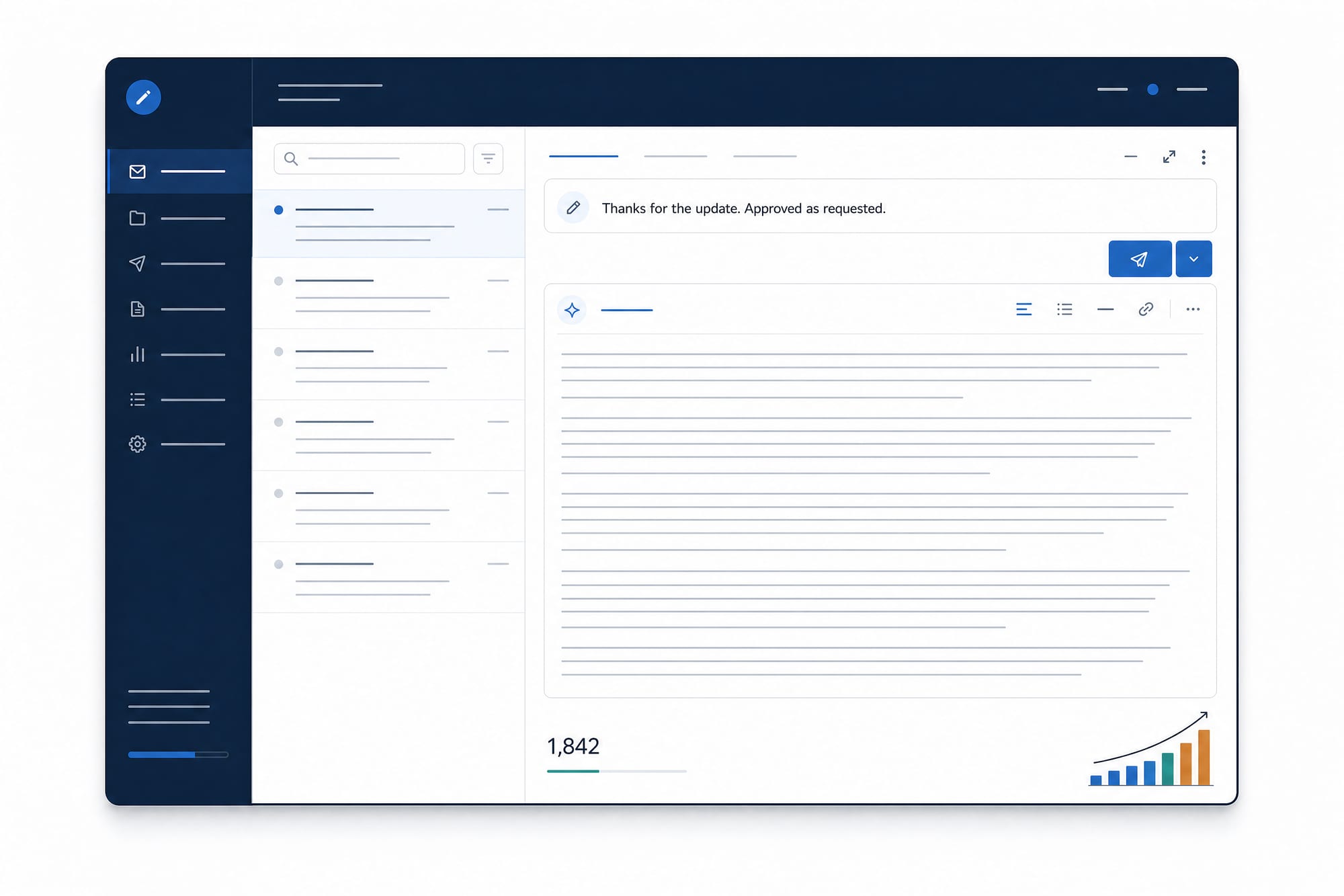 The Verbiage correspondence console: a three-word reply, 'Thanks for the update. Approved as requested,' being expanded into a long email, with a rising word-count meter.